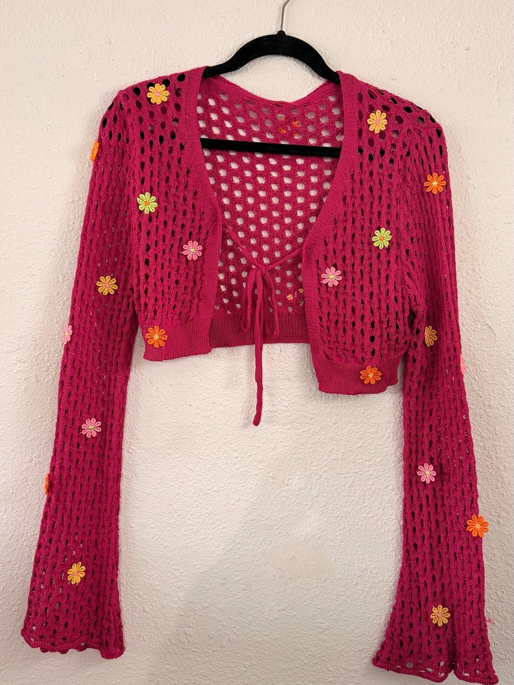 Crochet Tie-Front Cardigan with Floral Appliqués